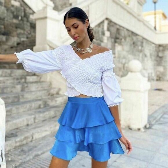 Zara white off-the-shoulder smocked crop top size xs EUC - Picture 1 of 5